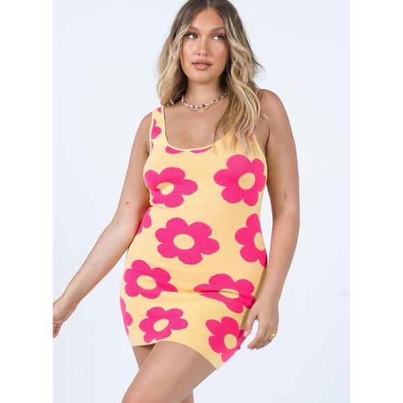 Princess Polly Yellow Floral Knit Lennon Mini Dress Women's Size Small/Medium - Picture 1 of 7